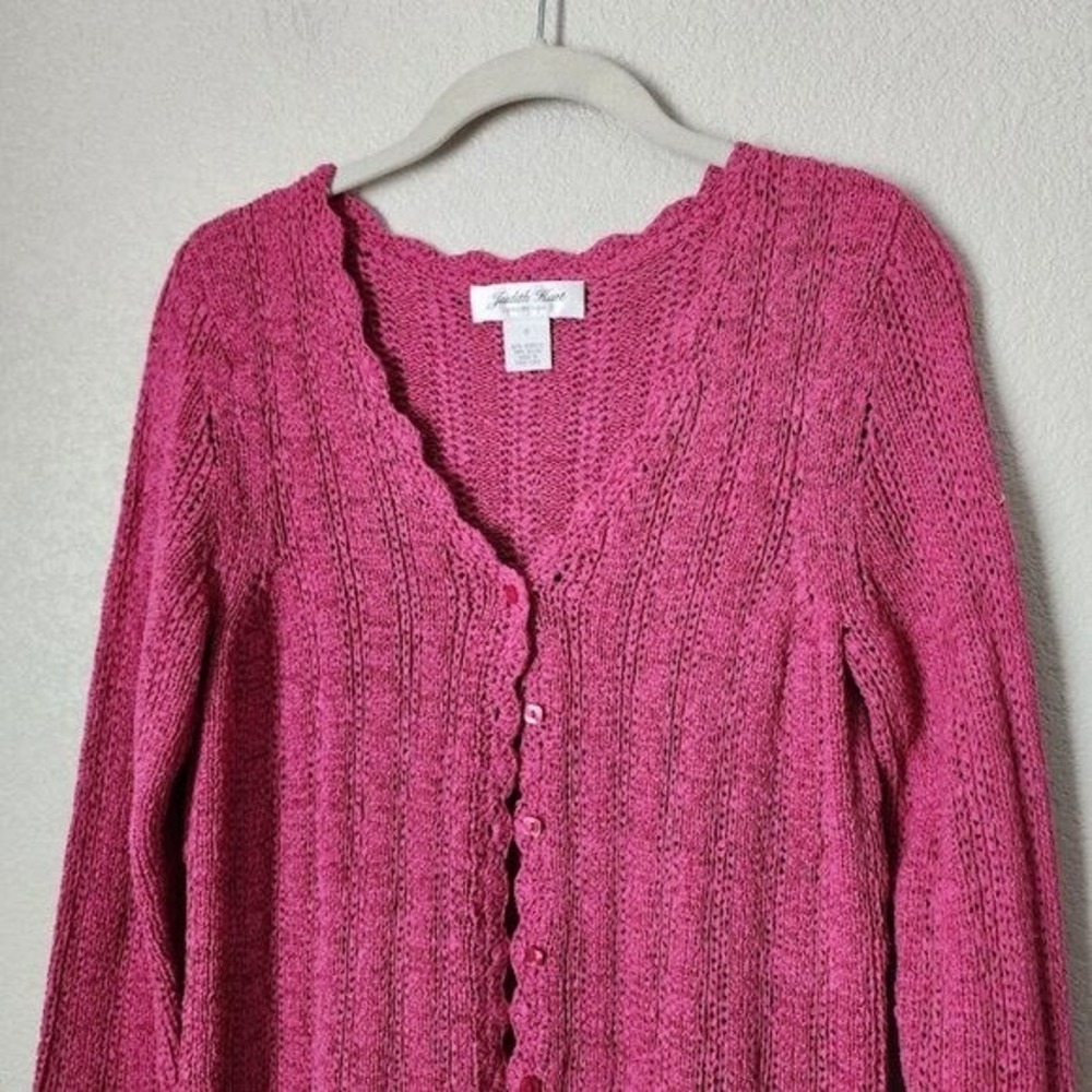 JUDITH HART VINTAGE 90s Pink Scallop Open Knit Button‎ Cardigan Sweater Size M - Picture 10 of 11